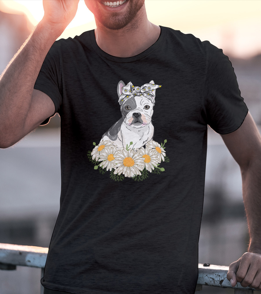 French Bulldog With Daisy Headband And Flower Garden T-Shirt