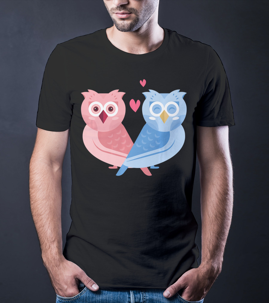 Cute Owls Birds In Love Couple With Hearts T-Shirt