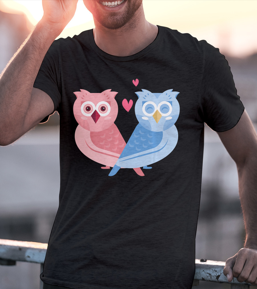 Cute Owls Birds In Love Couple With Hearts T-Shirt