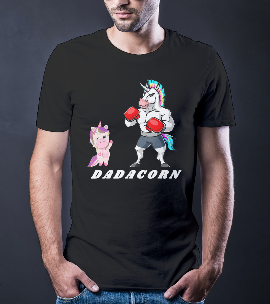 Dadacorn Boxing Unicorn Dad Baby With Muscle And Rainbow Mane T-Shirt