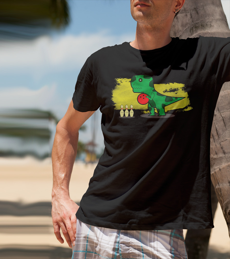 Dino Bowler With Red Bowling Ball And Pins In Yellow Splash Background T-Shirt