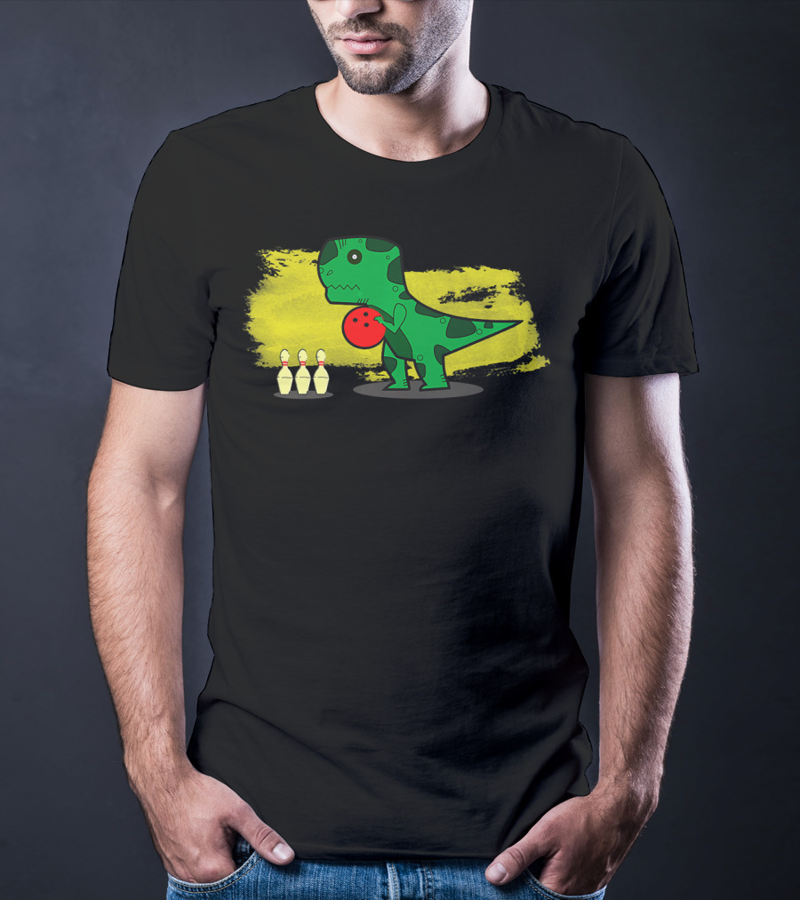 Dino Bowler With Red Bowling Ball And Pins In Yellow Splash Background T-Shirt