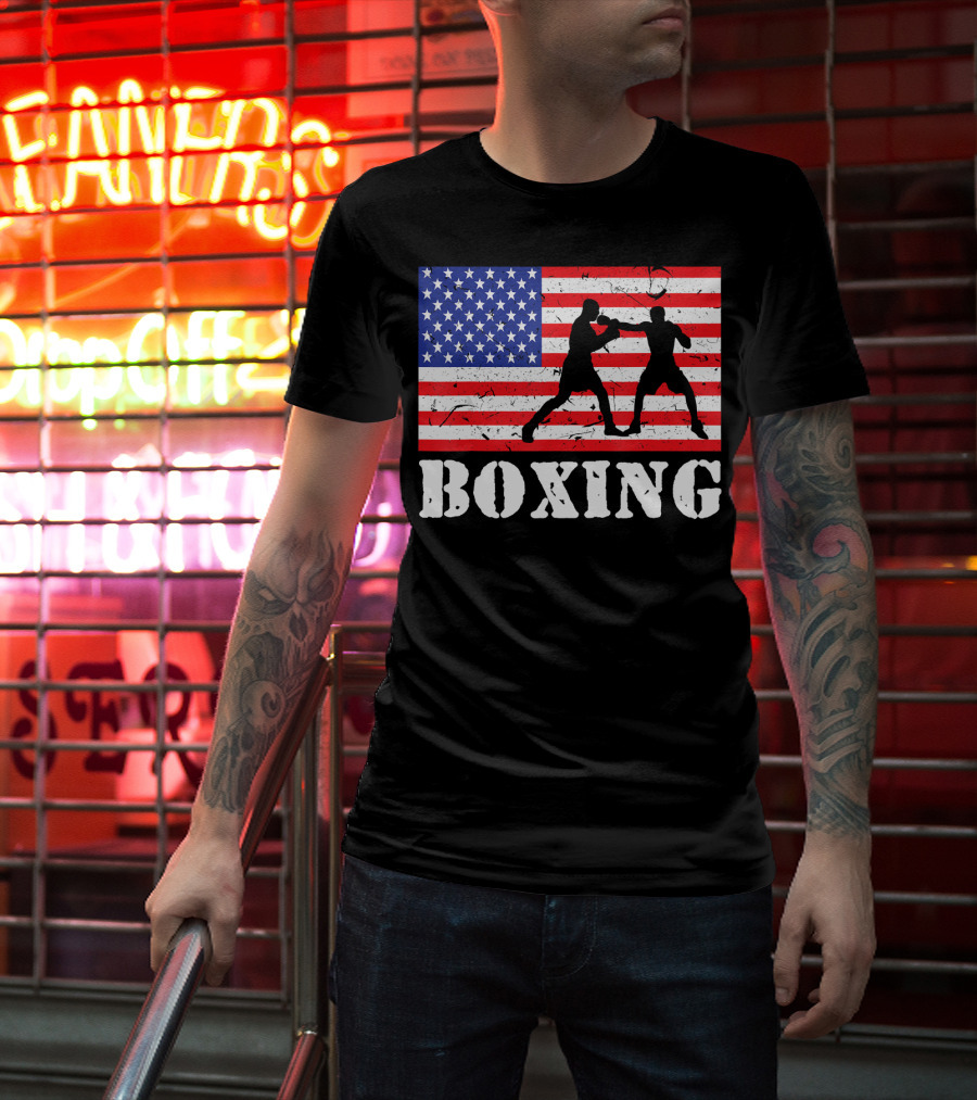 Distressed Boxing USA American Flag With Fighters T-Shirt