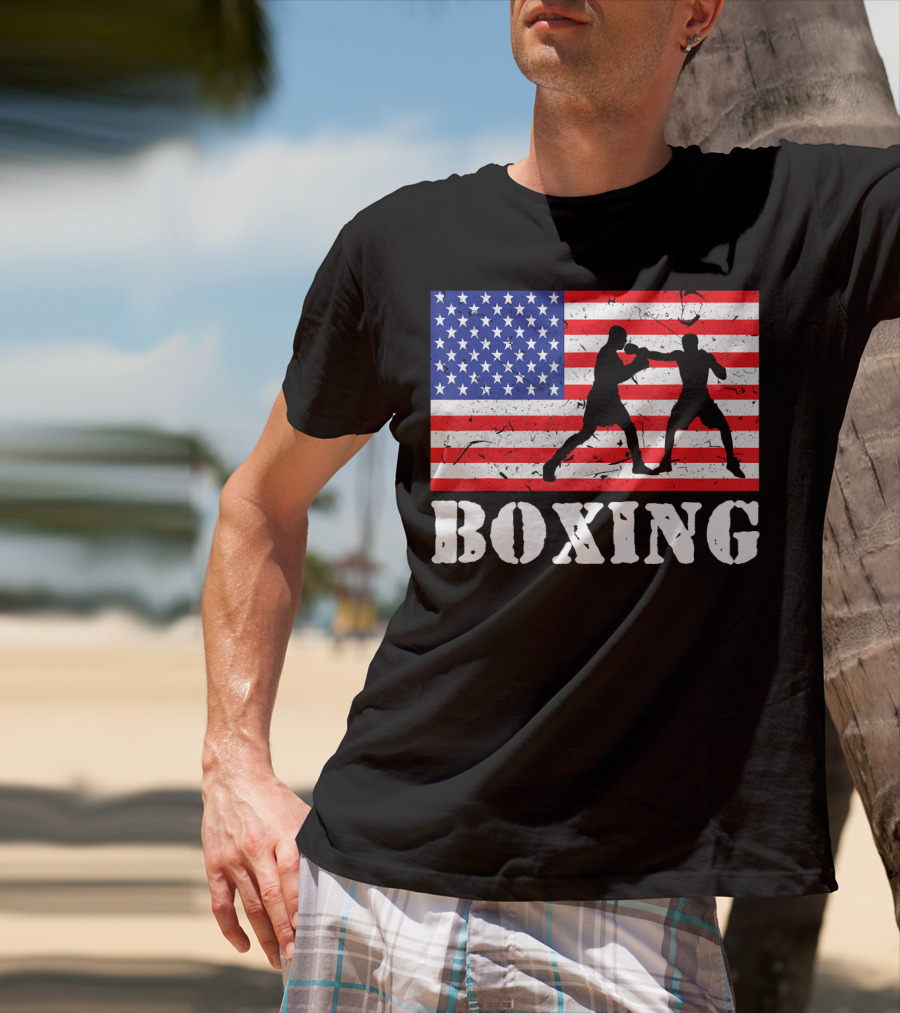 Distressed Boxing USA American Flag With Fighters T-Shirt