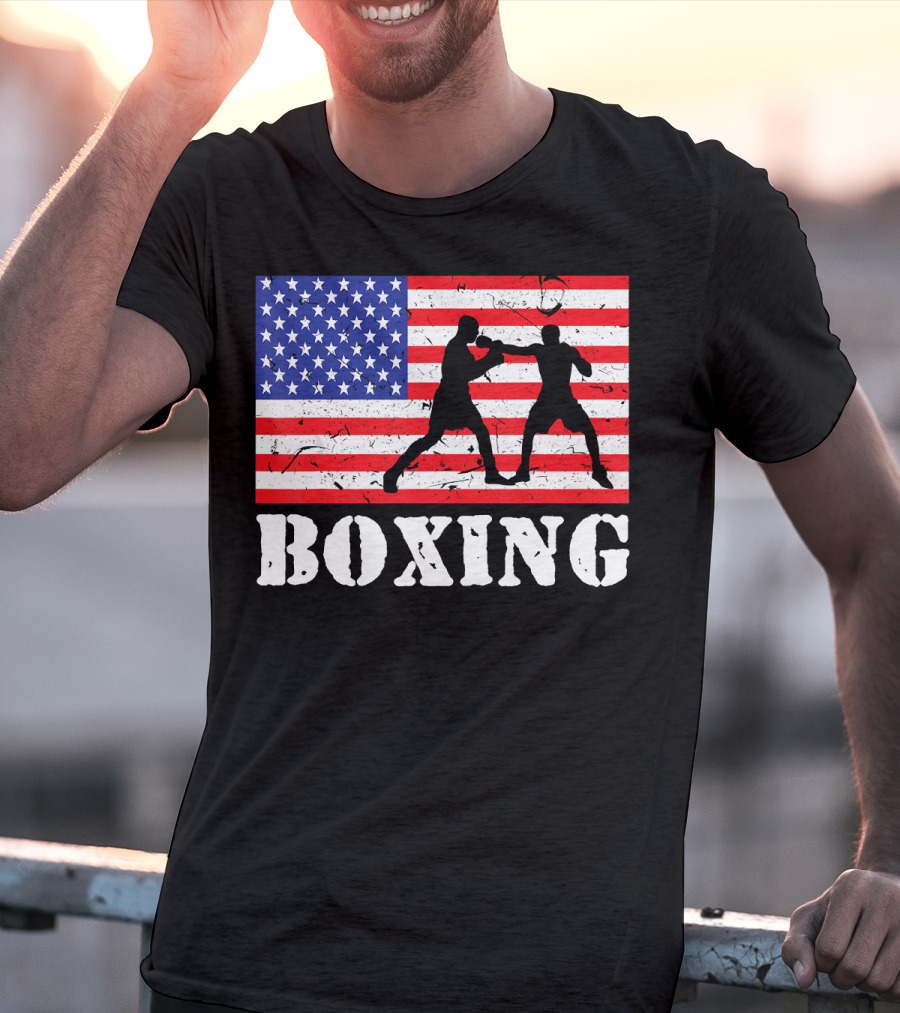 Distressed Boxing USA American Flag With Fighters T-Shirt