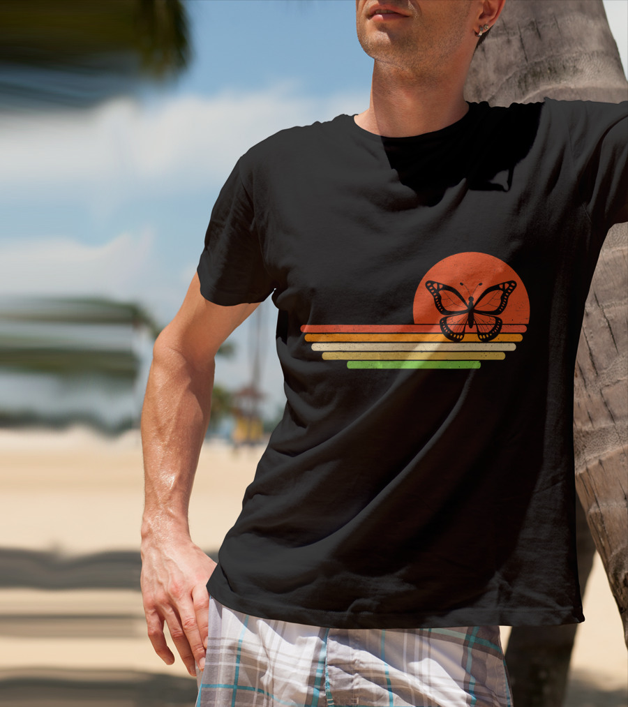 Distressed Butterfly Retro Sunset Stripes T-Shirt
