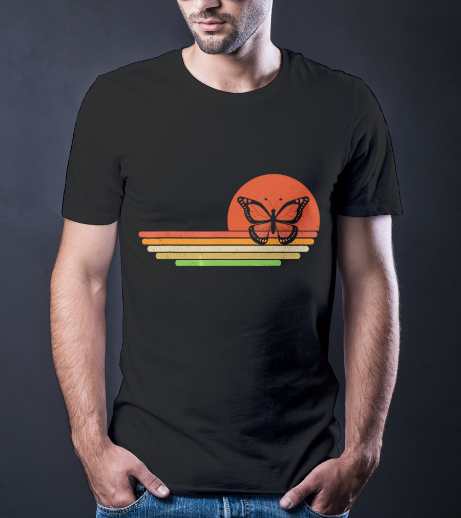 Distressed Butterfly Retro Sunset Stripes T-Shirt
