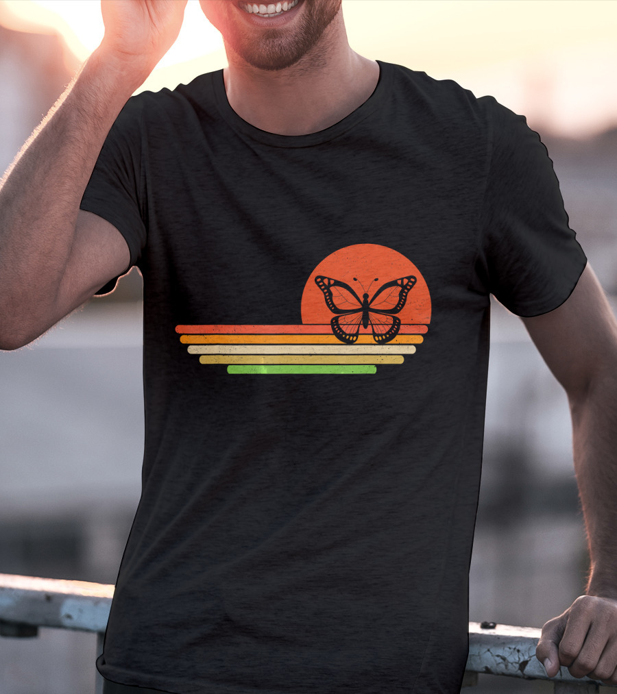 Distressed Butterfly Retro Sunset Stripes T-Shirt