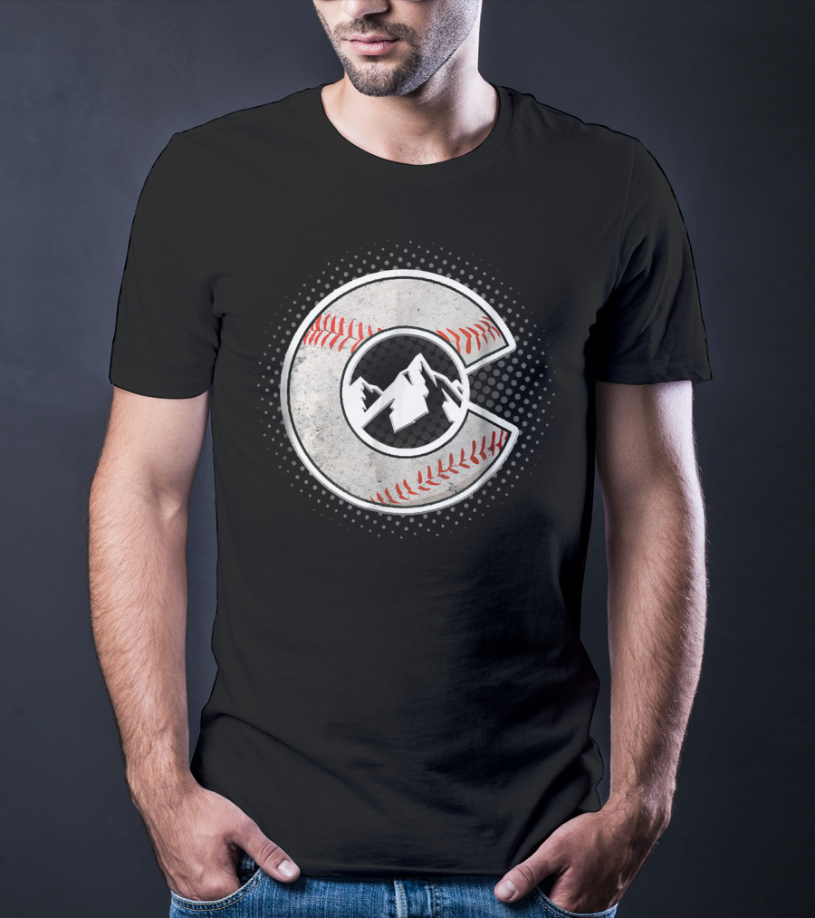 Distressed Colorado Baseball C With Mountain And Stitching T-Shirt