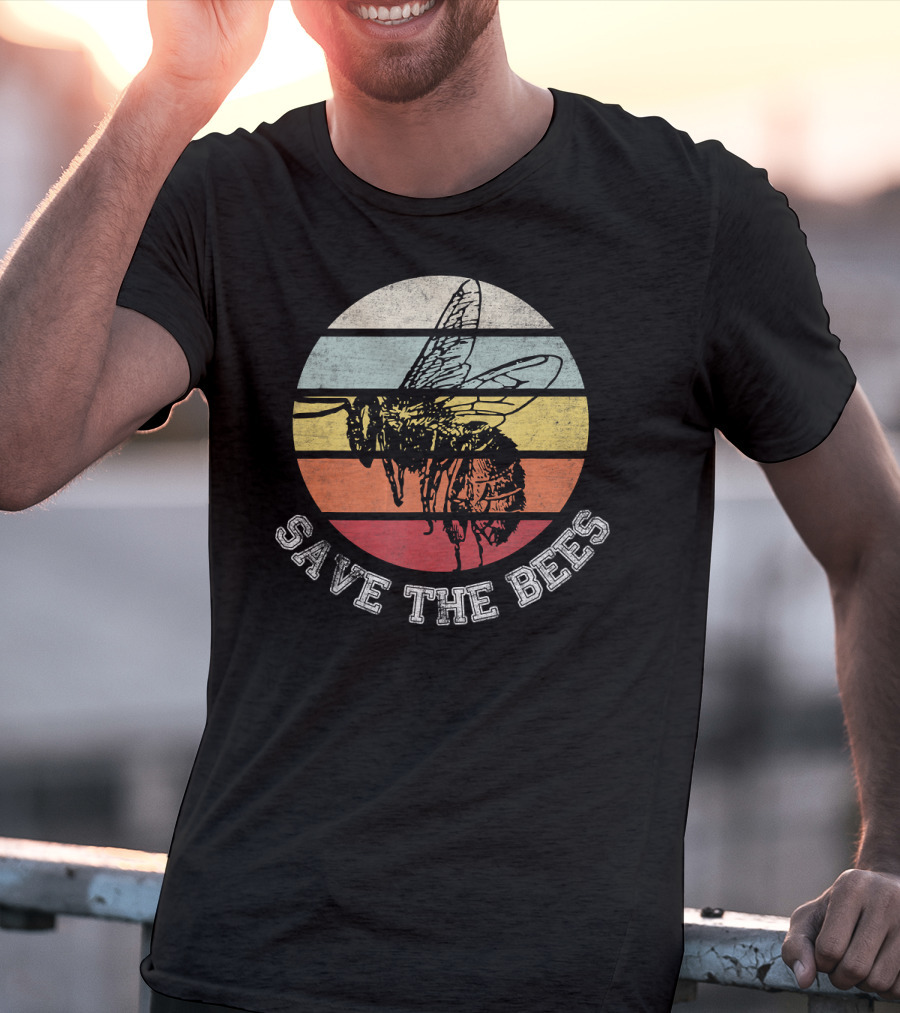Save The Bees Distressed Vintage Rainbow Stripe T-Shirt