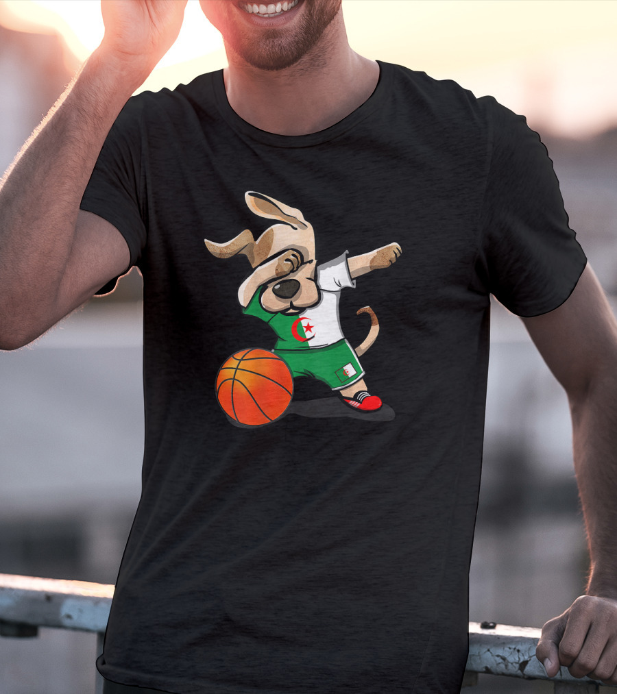 Dog Dabbing Basketball Algeria Flag Jersey T-Shirt