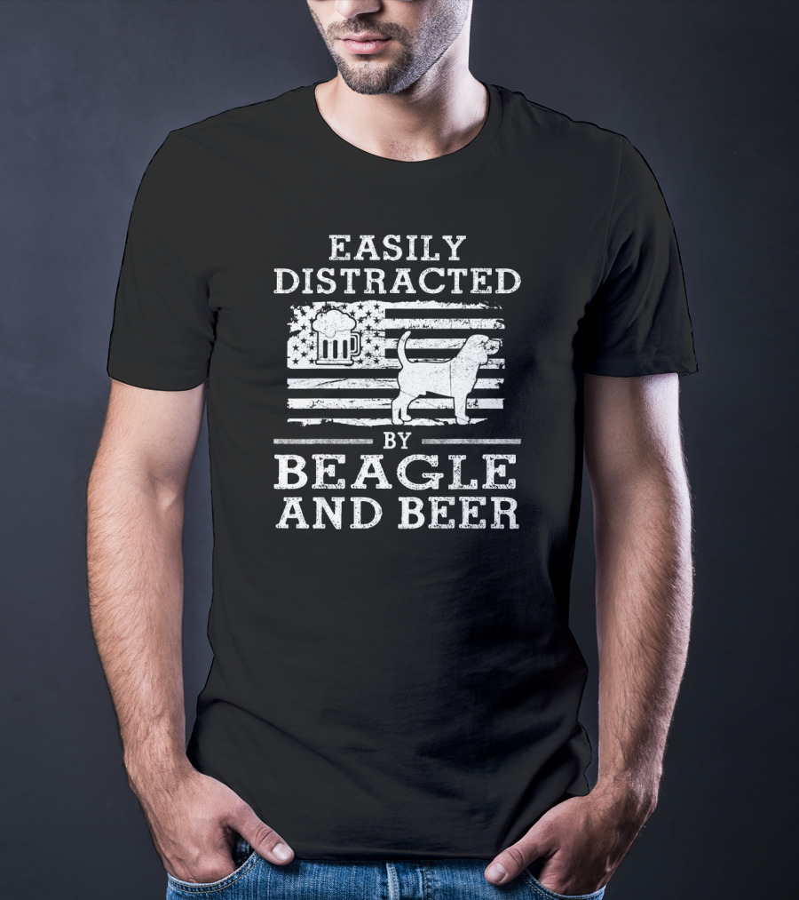 Easily Distracted By Beagle And Beer American Flag T-Shirt