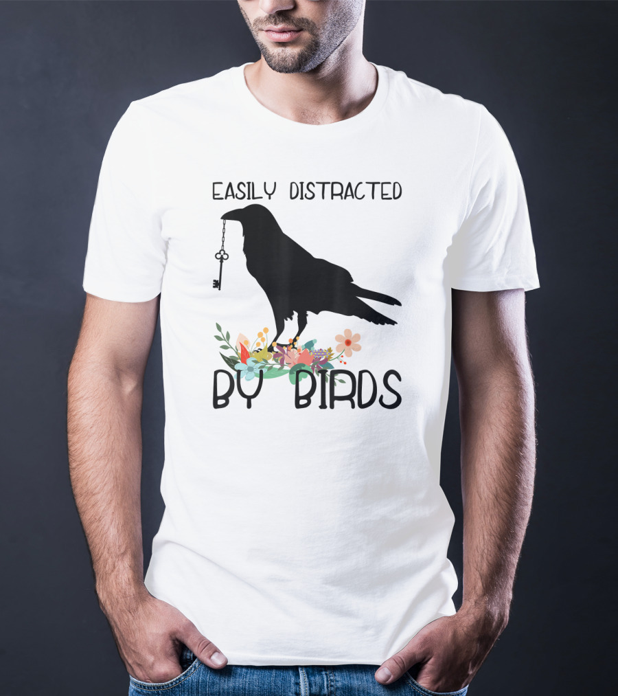 Easily Distracted By Birds Silhouette Of Bird With Key And Floral Elements T-Shirt