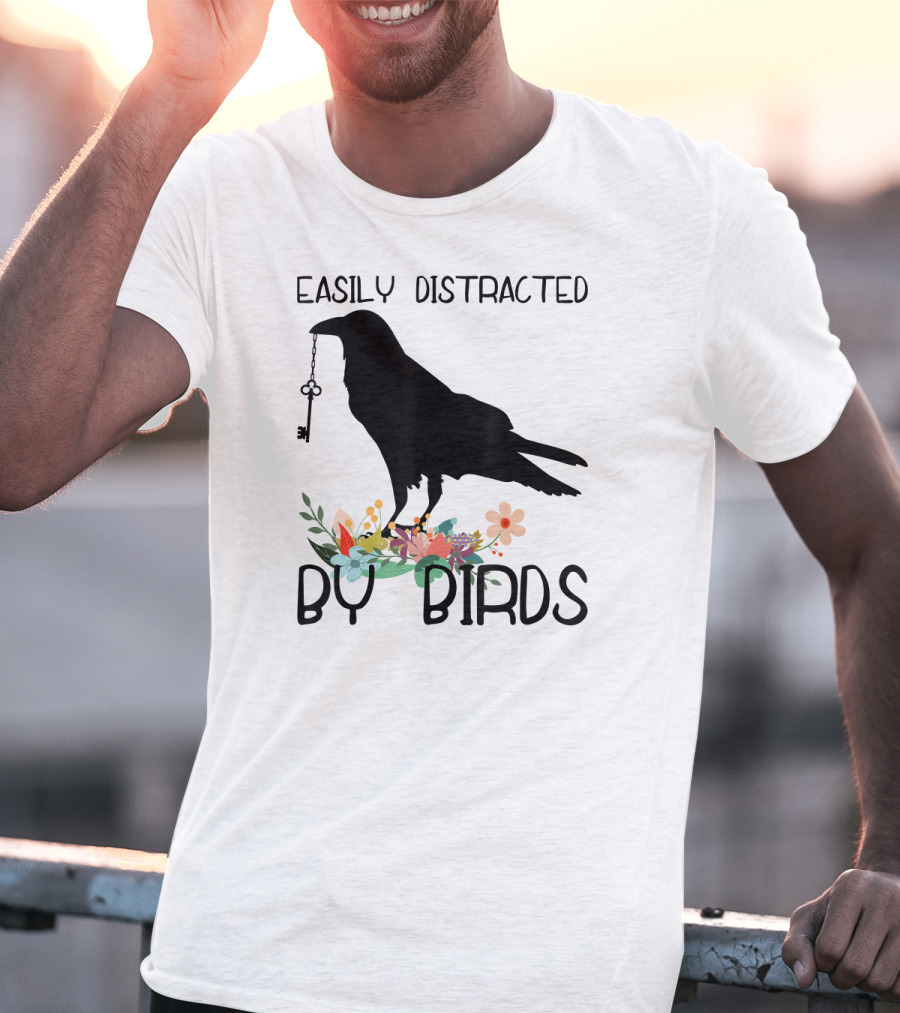 Easily Distracted By Birds Silhouette Of Bird With Key And Floral Elements T-Shirt