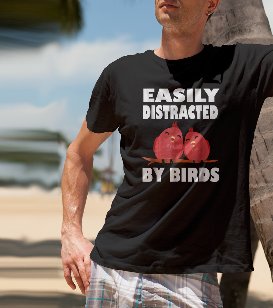 Easily Distracted By Birds Red Cartoon Style Bird Pair T-Shirt