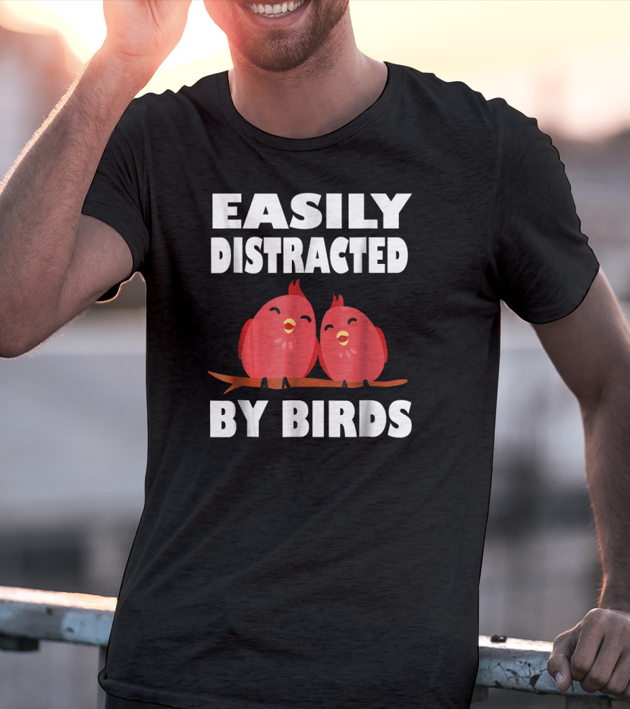 Easily Distracted By Birds Red Cartoon Style Bird Pair T-Shirt