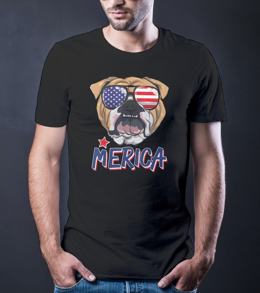 English Bulldog Merica American Flag Sunglasses T-Shirt