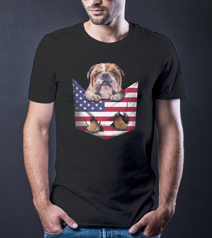 English Bulldog In American Flag Pocket T-Shirt