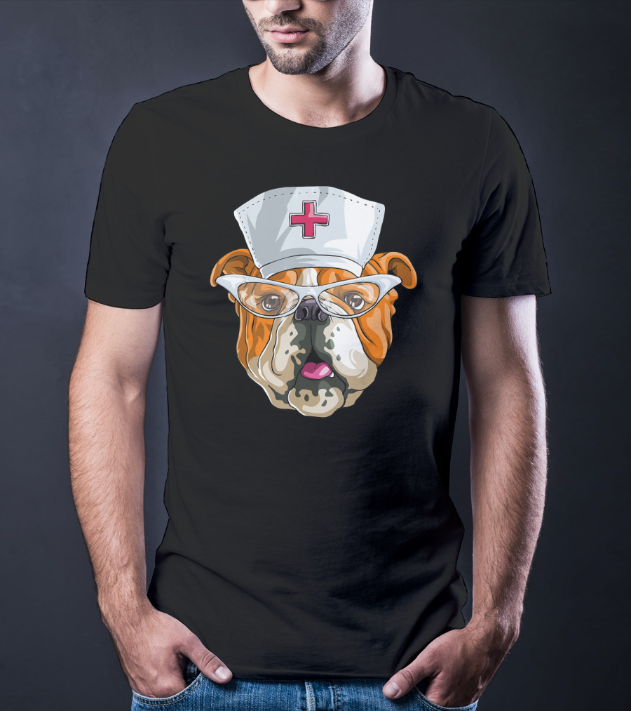 English Bulldog Nurse Hat Glasses Dog T-Shirt