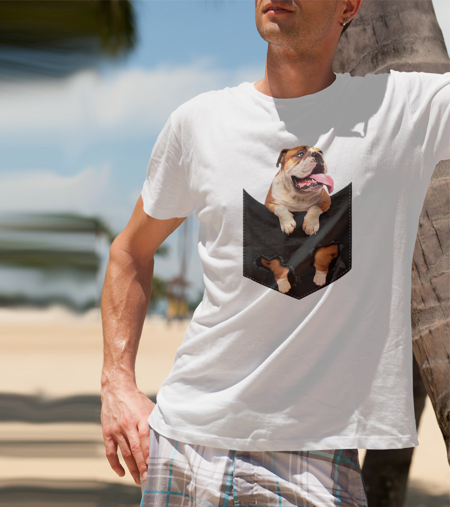 English Bulldog Pocket Mid Bulldog Peeking Out T-Shirt