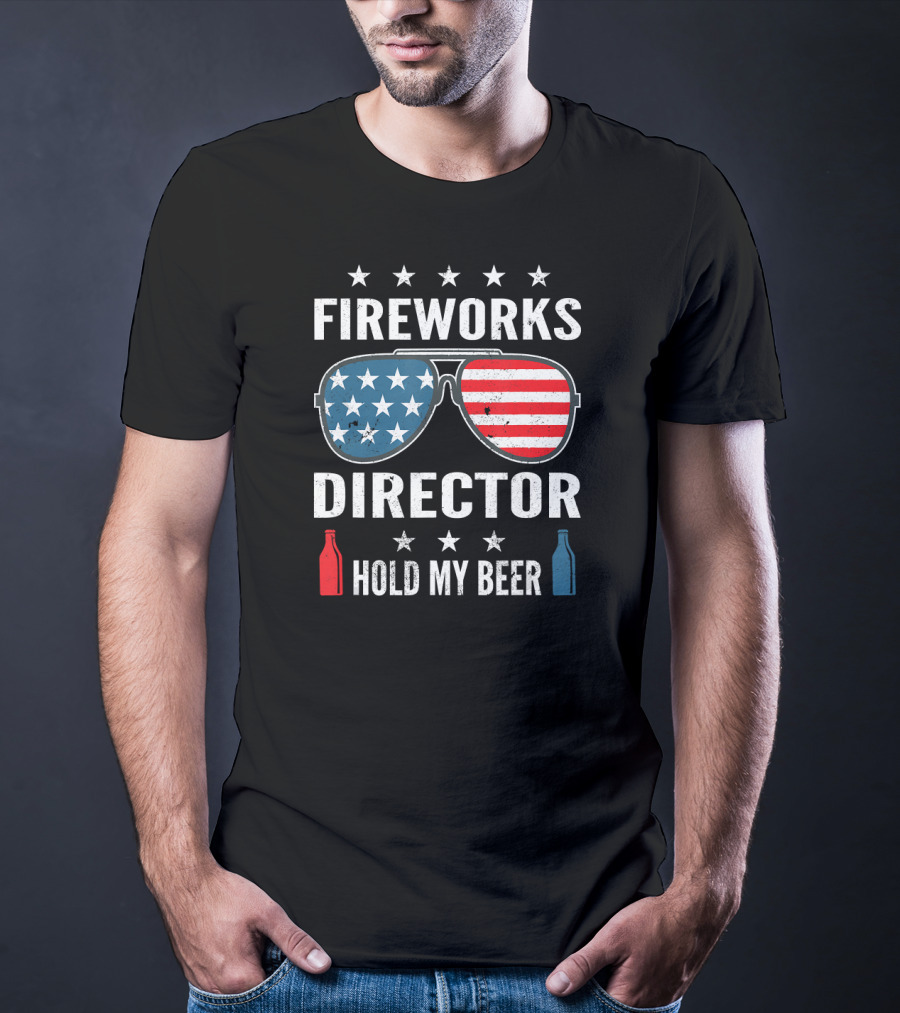 Fireworks Director Hold My Beer American Flag Sunglasses With Stars And Beer Bottles T-Shirt
