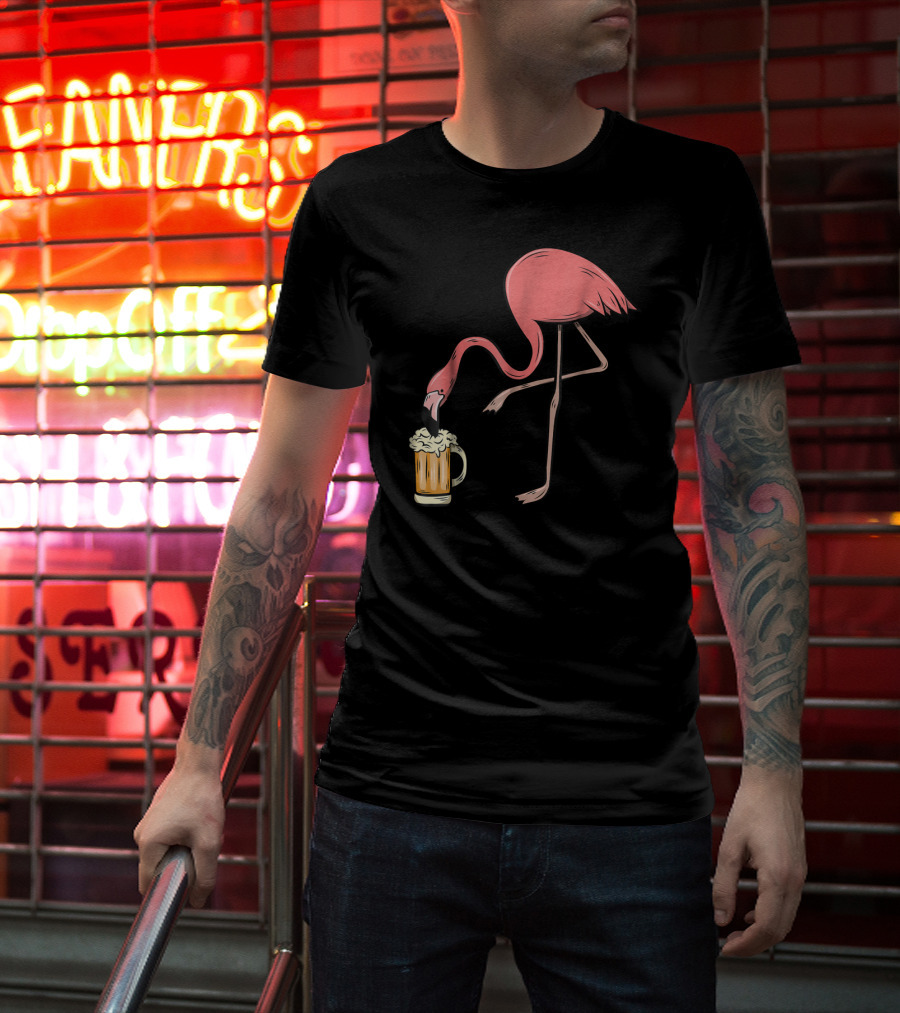 Funny Pink Flamingo Drinking Beer Illustrative Humor T-Shirt