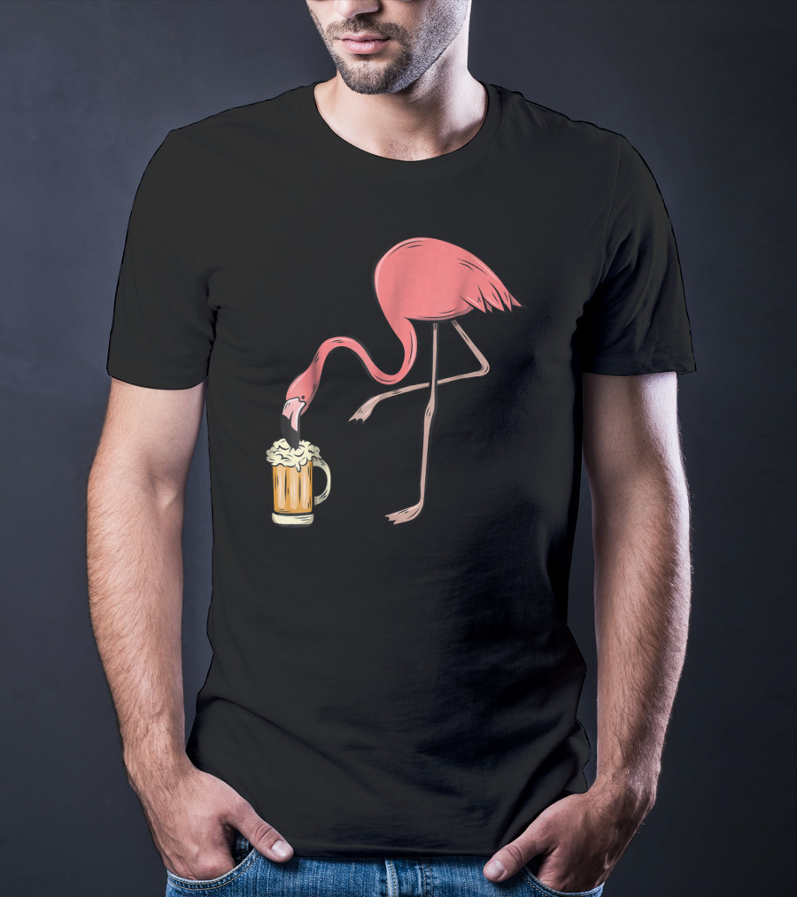 Funny Pink Flamingo Drinking Beer Illustrative Humor T-Shirt