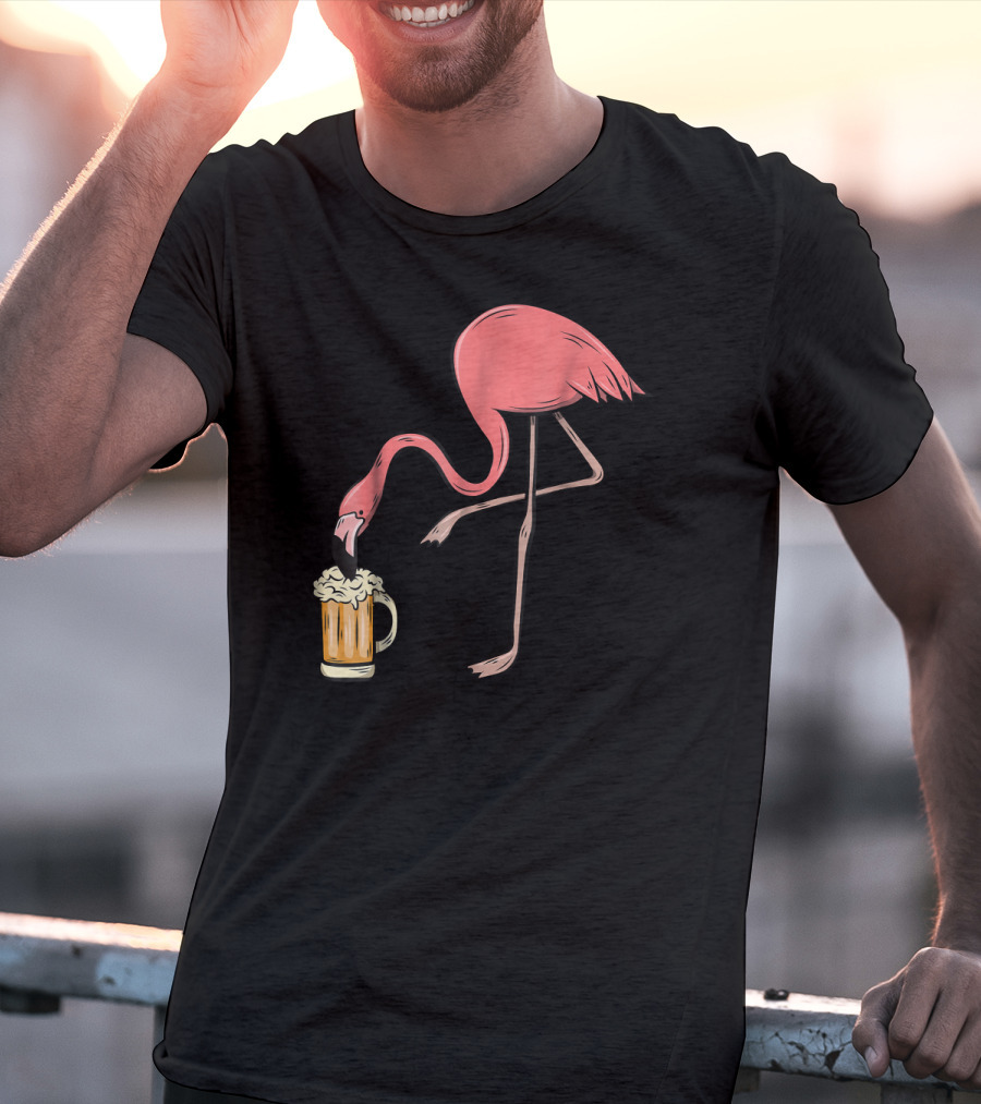 Funny Pink Flamingo Drinking Beer Illustrative Humor T-Shirt