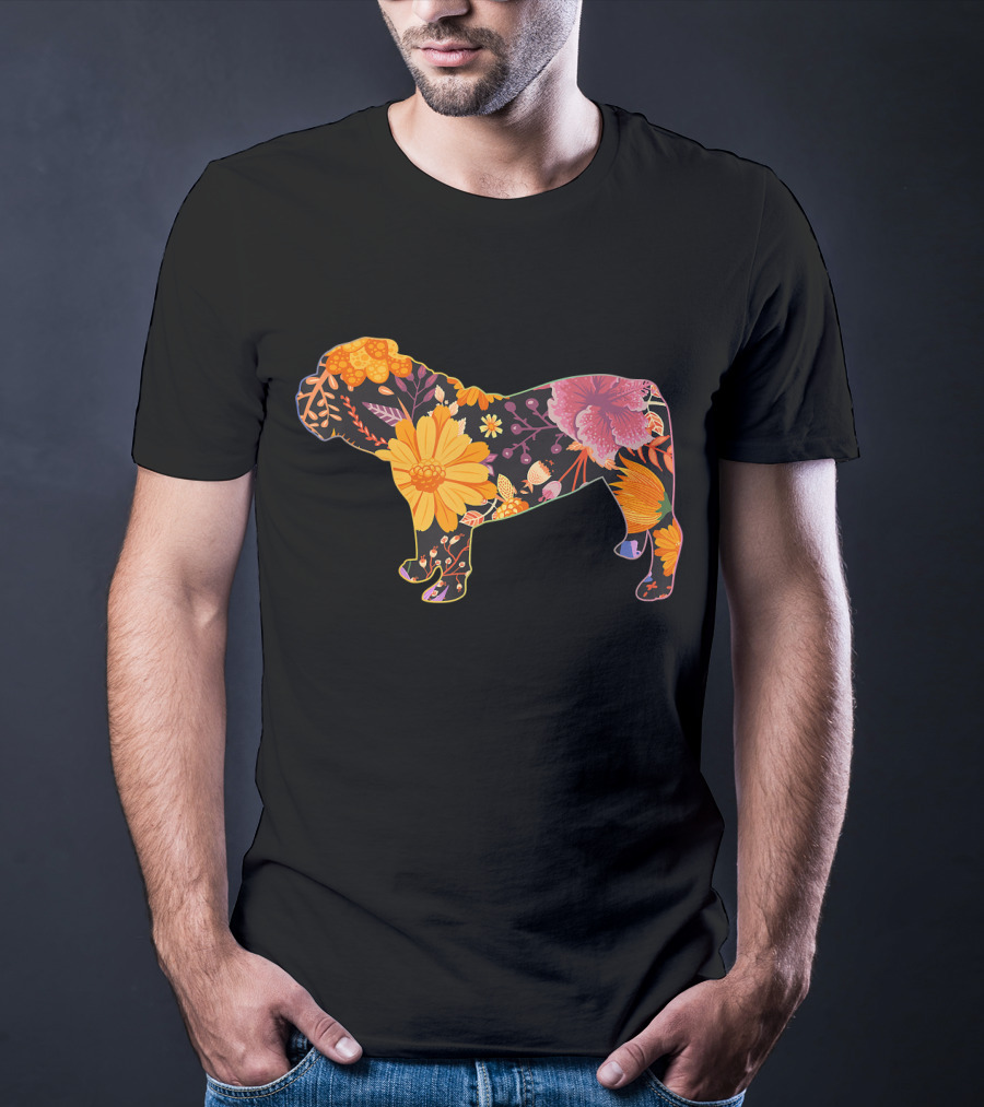 Floral Flower Vintage Bulldog Silhouette With Colorful Botanical T-Shirt