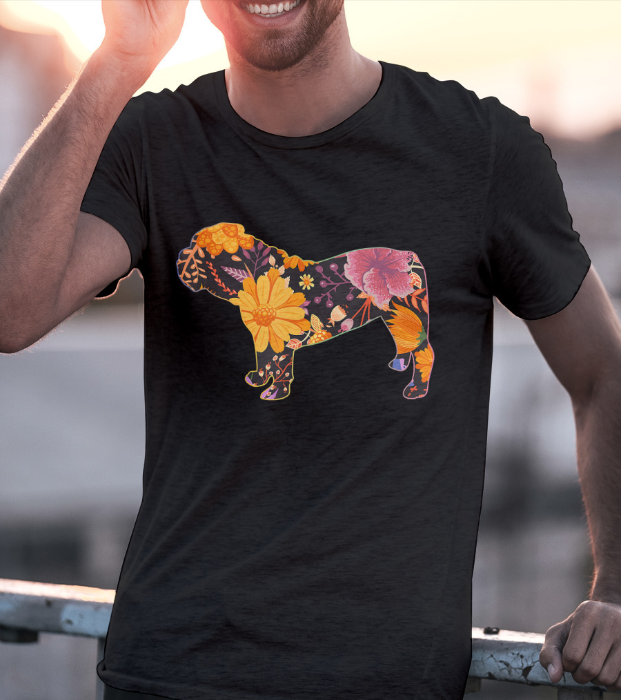 Floral Flower Vintage Bulldog Silhouette With Colorful Botanical T-Shirt