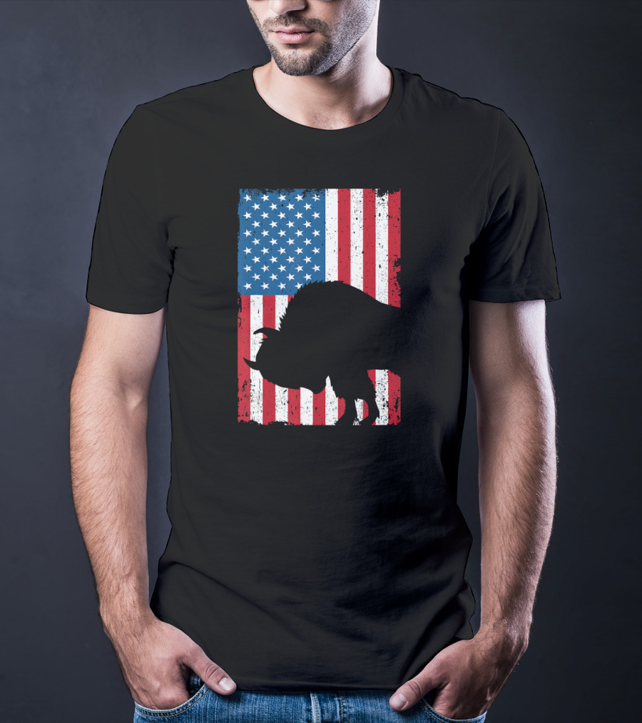Fourth Of July Bison Patriot American Flag Silhouette Independence Day T-Shirt
