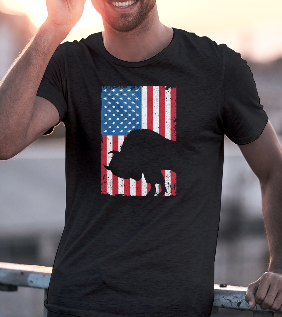 Fourth Of July Bison Patriot American Flag Silhouette Independence Day T-Shirt