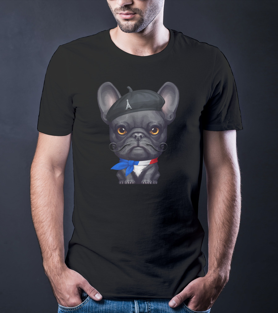 French Bulldog Paris Eiffel Tower Beret Mustache Look T-Shirt