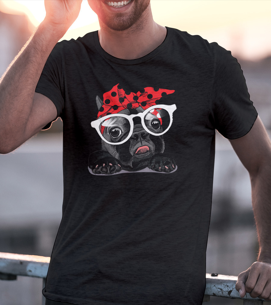 French Bulldog With Polka Dot Headband And Glasses T-Shirt
