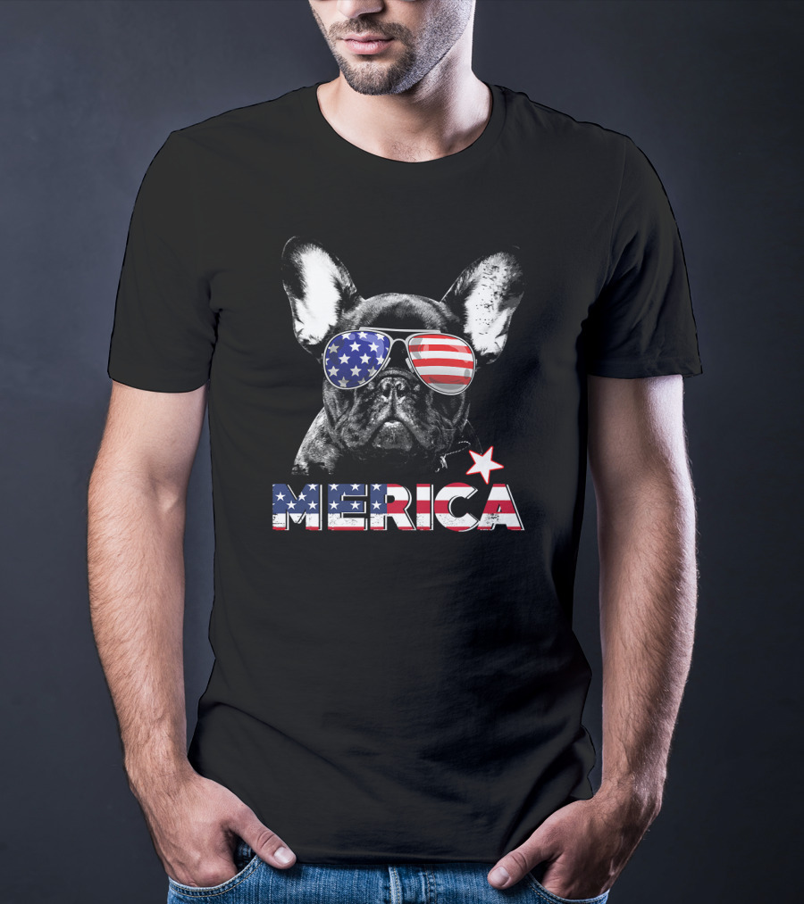 French Bulldog Merica Patriotic Star-Spangled Sunglasses USA T-Shirt