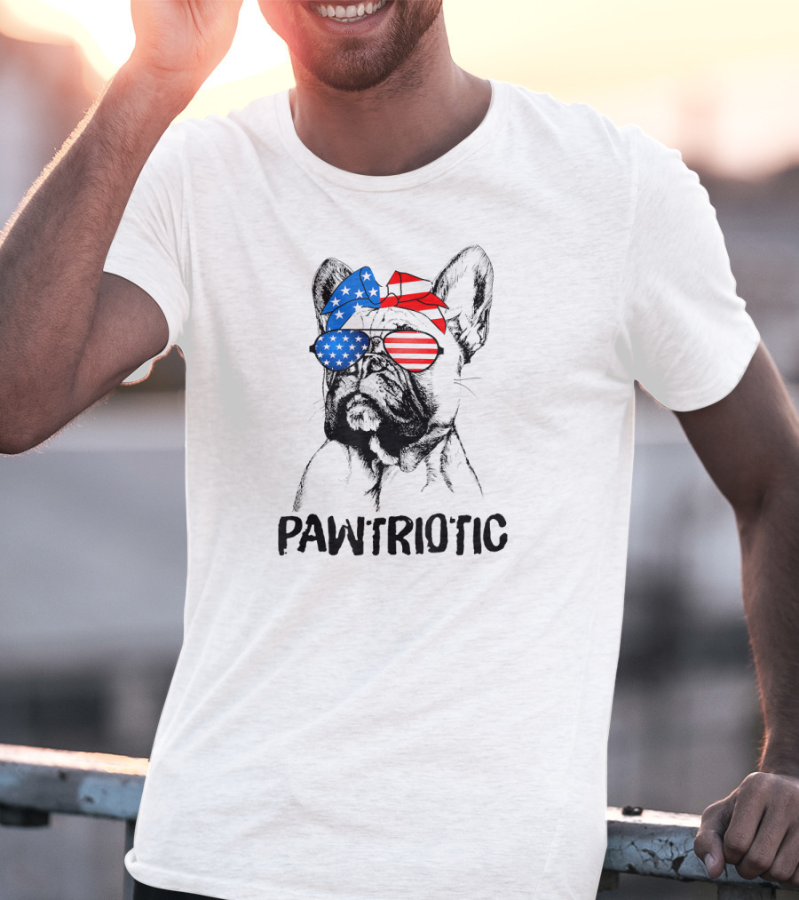 Pawtriotic French Bulldog With American Flag Bandana And Sunglasses T-Shirt