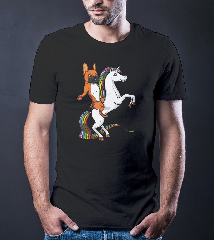 French Bulldog Riding Rainbow Unicorn Funny Dog T-Shirt