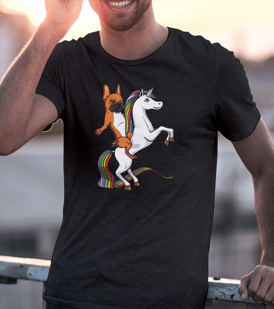 French Bulldog Riding Rainbow Unicorn Funny Dog T-Shirt