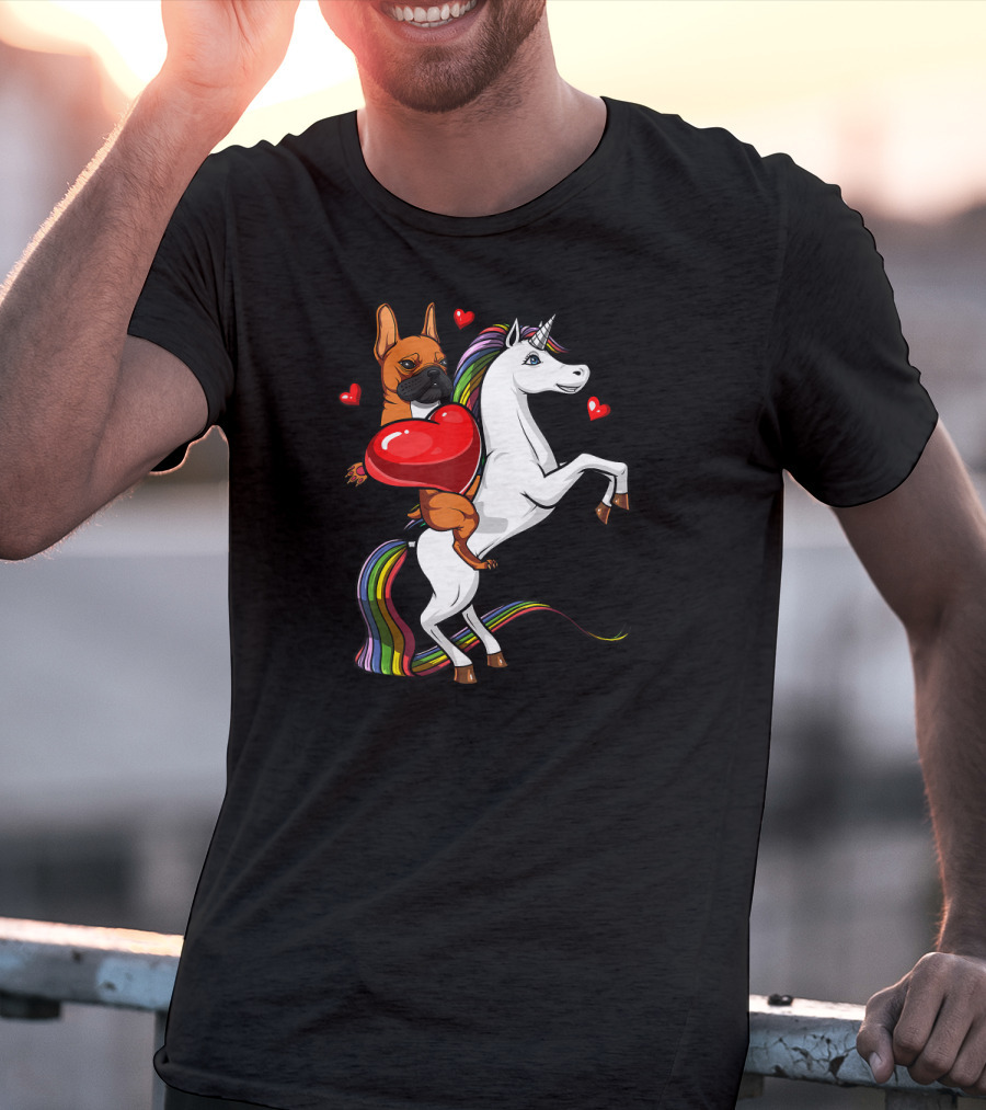 French Bulldog With Heart On Rainbow Unicorn Valentine's T-Shirt