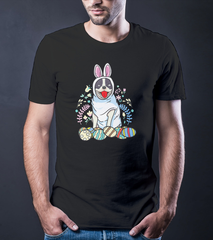 French Bulldog Bunny Ears Easter Eggs Floral Co T-Shirt