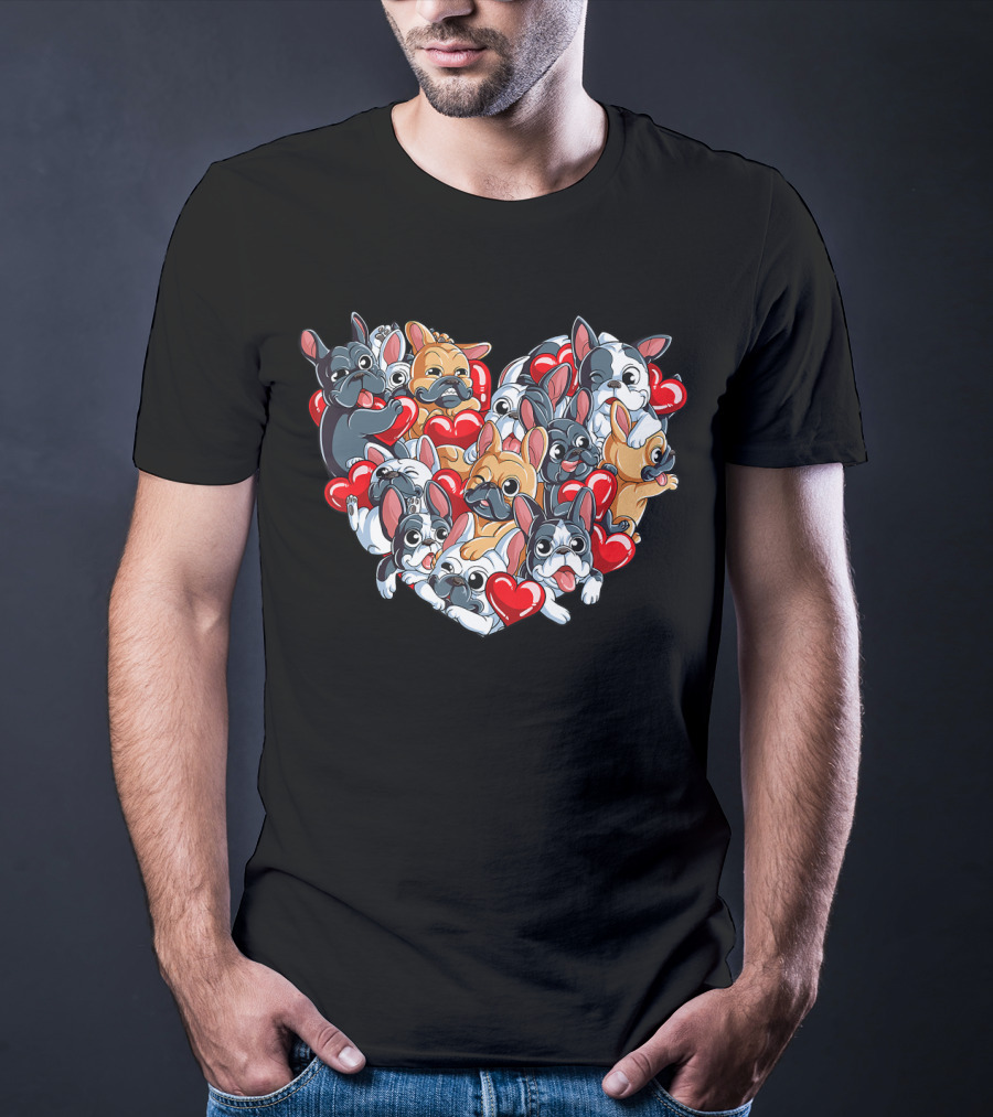 French Bulldog Valentines Day Heart With Cute Puppies And Red Hearts T-Shirt