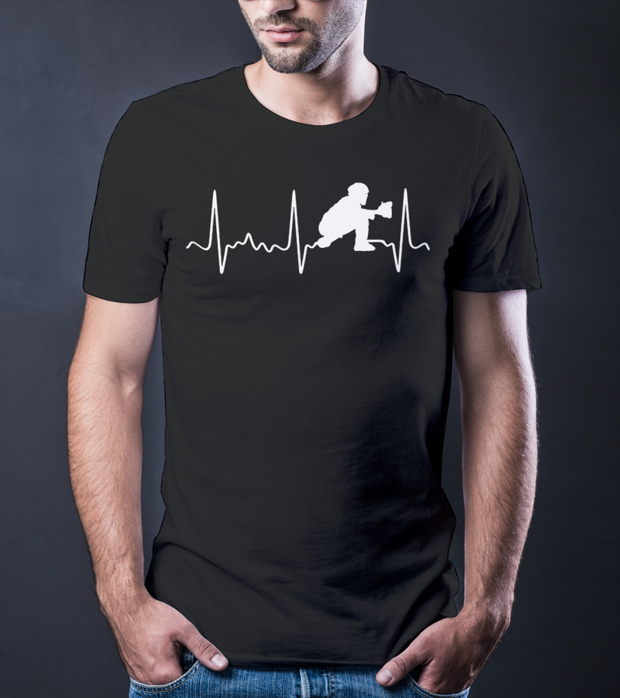 Baseball Catcher Silhouette Heartbeat Line T-Shirt