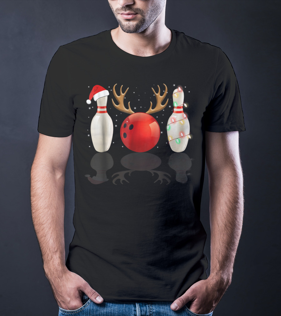 Reindeer Antlers Bowling Ball Santa Hat Christmas Lights Bowling Pins Funny Holiday Bowling T-Shirt