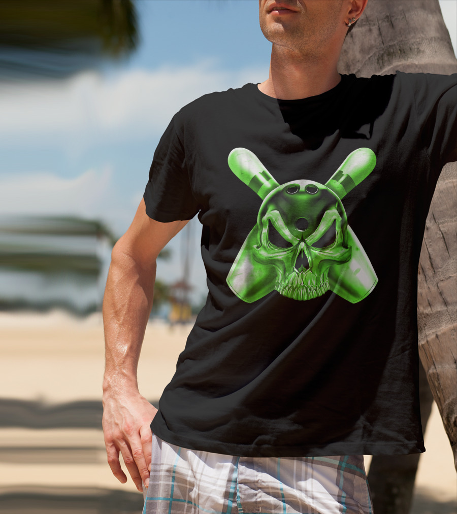 Bowling Skull Crossed Pins Green T-Shirt