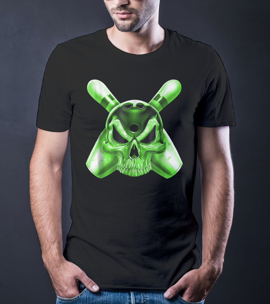 Bowling Skull Crossed Pins Green T-Shirt