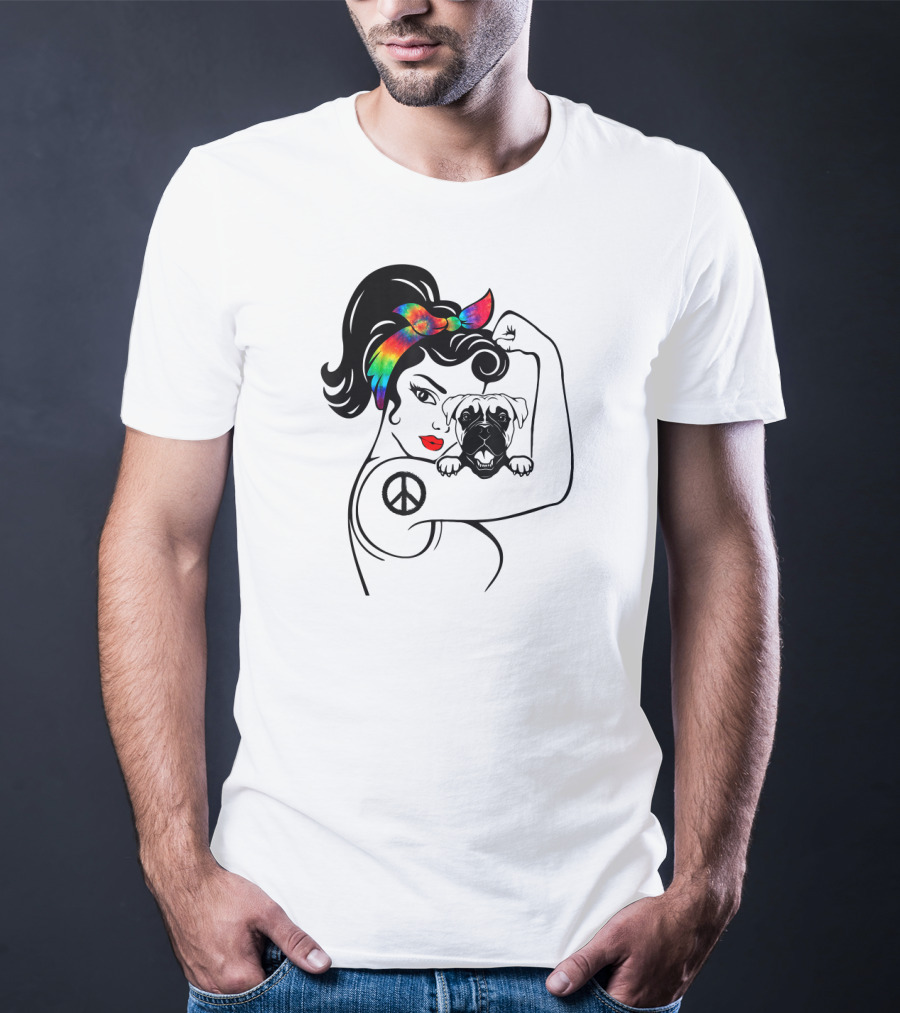 Peace Symbol Hippie Boxer Mom And Dog Lovers Retro T-Shirt