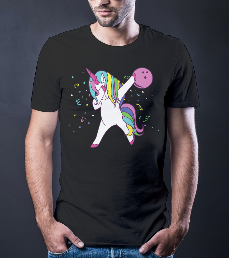 Funny Dabbing Unicorn With Colorful Bowling Ball And Confetti T-Shirt