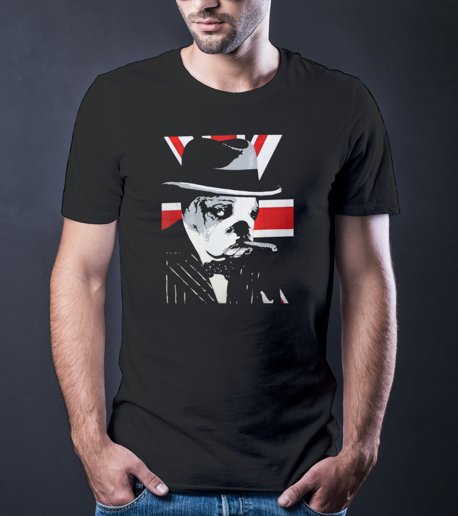 Funny English Bulldog Smoking Cigar Wearing Hat With Union Jack Background T-Shirt