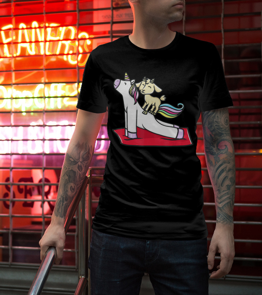 Goat Balancing On Yoga Unicorn Rainbow Mane T-Shirt