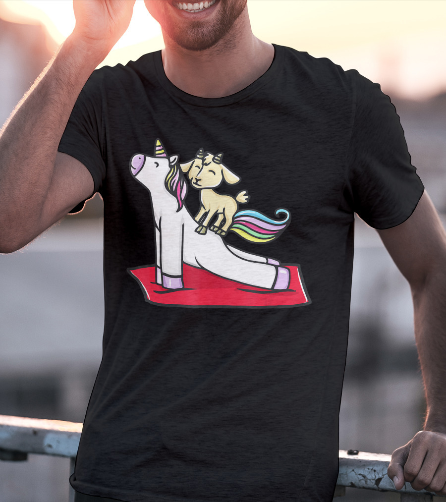 Goat Balancing On Yoga Unicorn Rainbow Mane T-Shirt